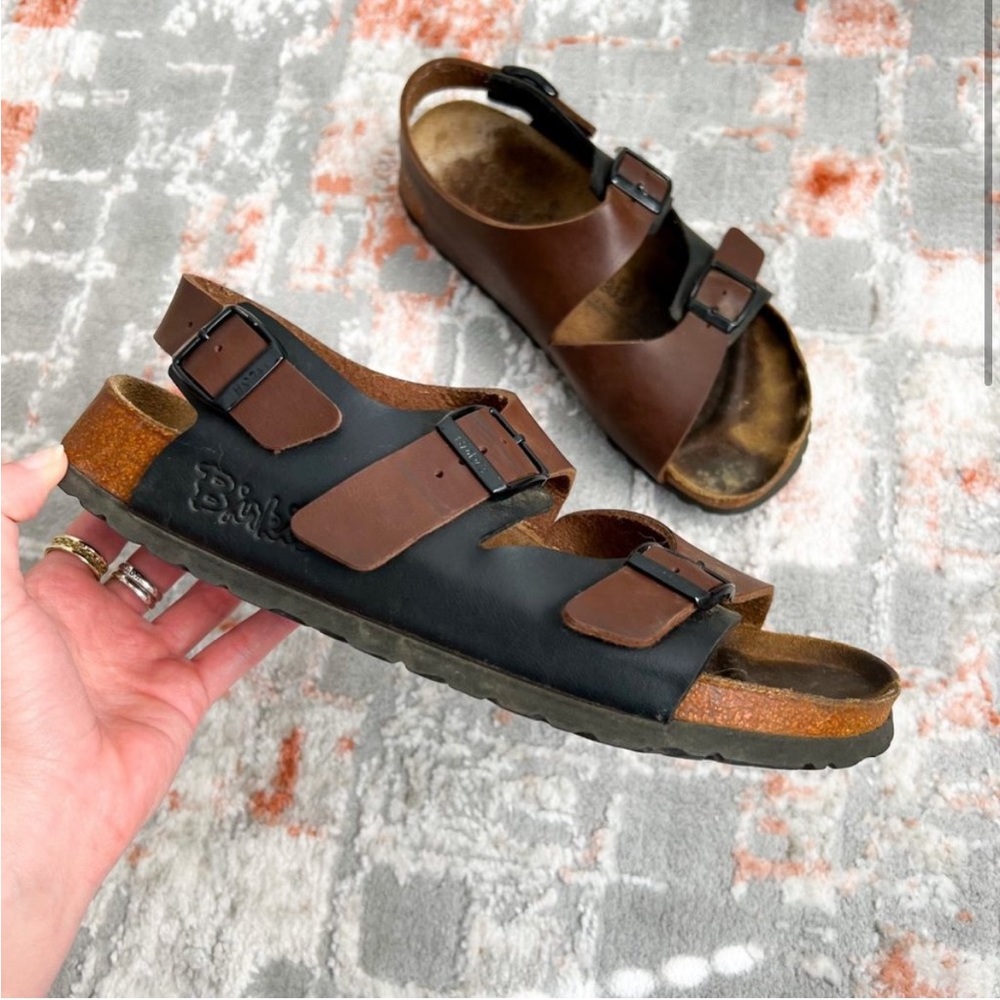 Birki’s Two-Tone Leather Ankle Strap Sandal